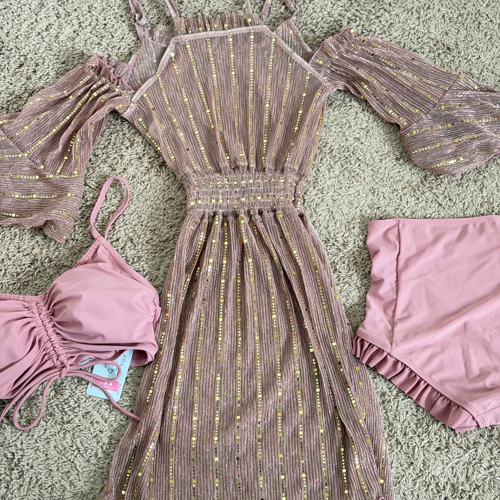 Pink and Gold Striped Dress with Matching Bikini Set